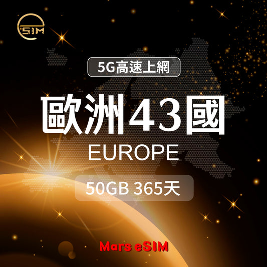 【Mars eSIM 專屬】歐洲 43 國 50GB 365天 eSIM｜5G 高速上網