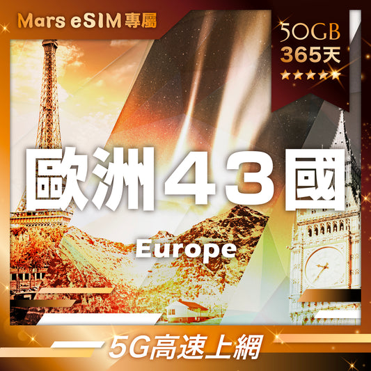 【Mars eSIM 專屬】歐洲 43 國 50GB 365天 eSIM｜5G 高速上網