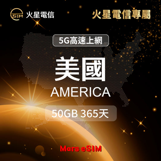 火星電信eSIM5G高速上網美國旅遊上網卡